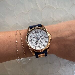 GUESS Rose Gold & Navy Silicone Strap Chronograph Watch